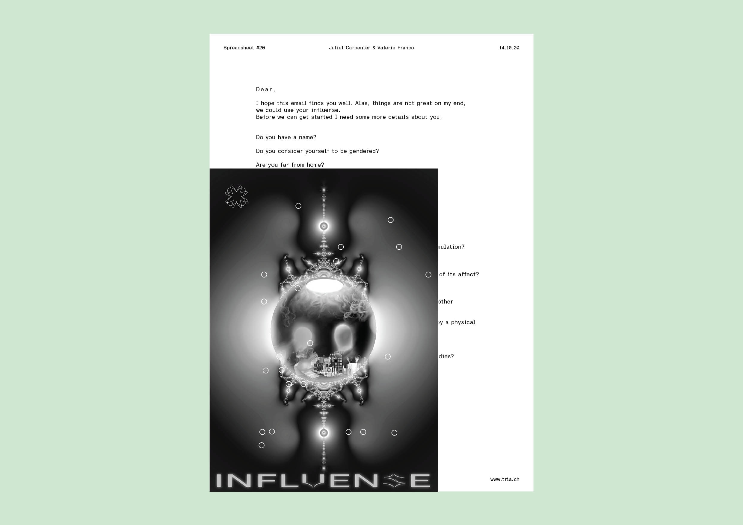 First page of influense publication, with project image layered on top.